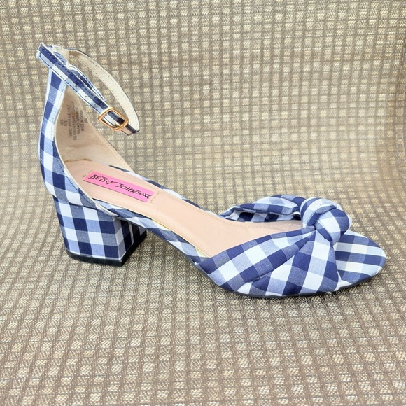Betsey Johnson Shoes - Vintage Betsey Johnson Ivee Women 7 Navy Gingham Bow Ankle Strap Heeled Sandals